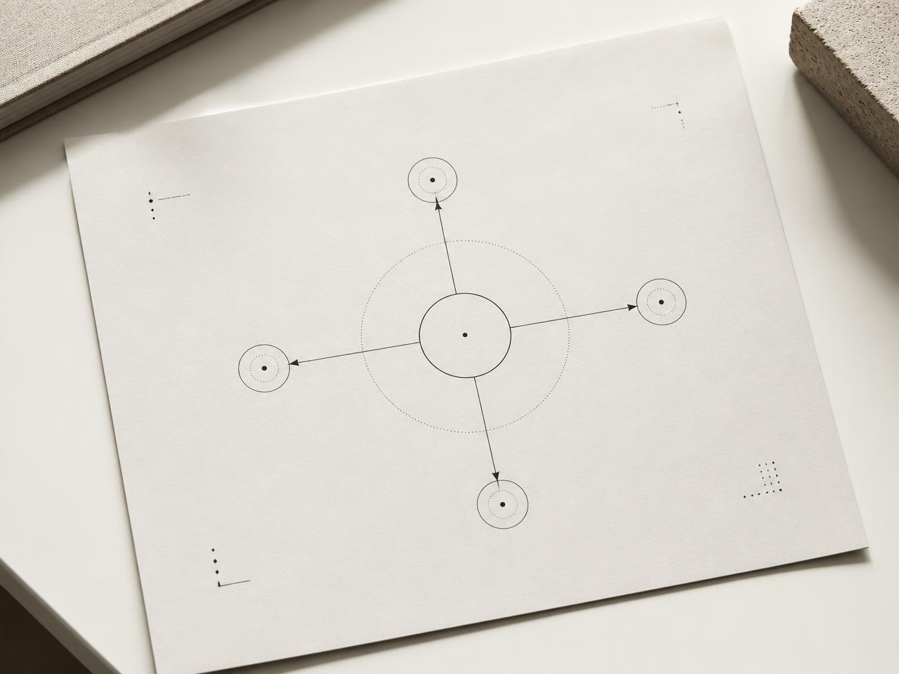 Printed workflow diagram with fine black lines and connected nodes on off-white paper