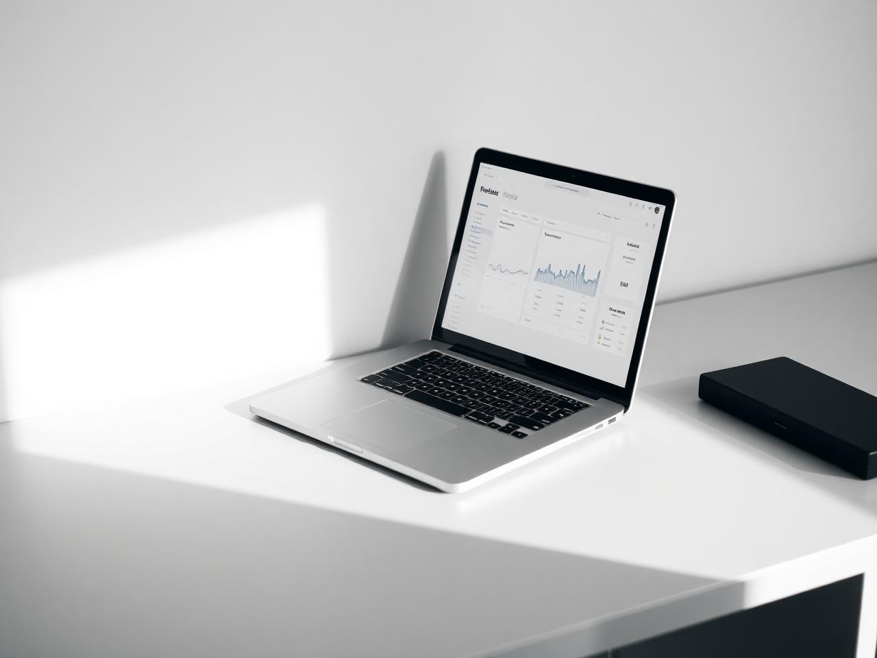 Laptop displaying a grayscale data dashboard on a light warm-gray desk