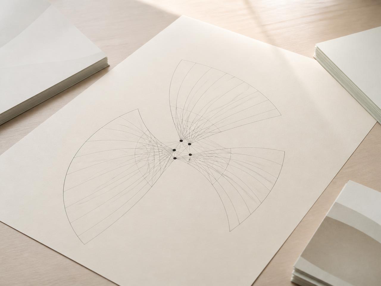 Three stacks of research transcripts and surveys arranged around a hand-drawn synthesis diagram showing three perspectives converging into five shared theme clusters